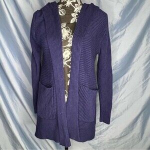 Honey Punch Ribbed Knit Hooded Cardigan Navy Blue